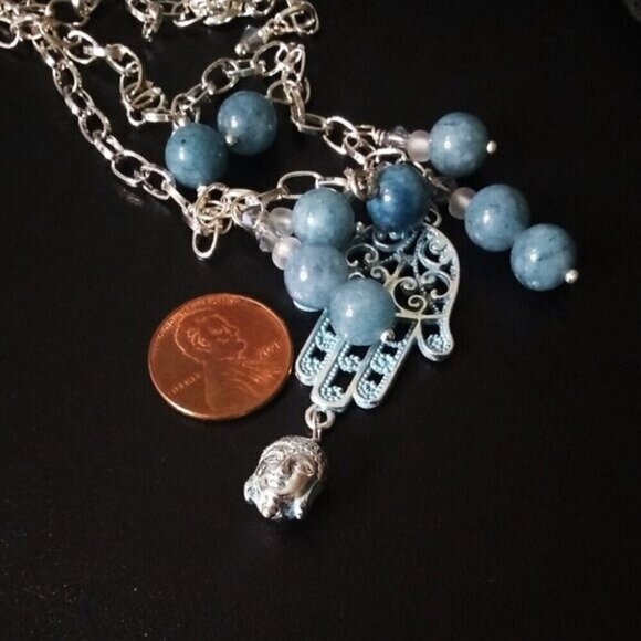 Boho Blue Agate & Patina Painted Hamsa Hand + Buddha - 20" Adjustable Necklace - Picture 7 of 9